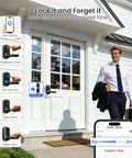 Genuine Matte Black Smart Lever Lock with app control and fingerprint unlock shown on a front door.