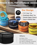 RV Sewer Hose Storage Kit 4 Pack with two-way zipper closures, see-through odor-blocking covers, and color-coded bags for organization.