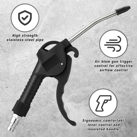 Heavy Duty 6 Piece Air Blow Gun Kit With Pistol Grip Handles Multi Size Assortment featuring ergonomic trigger and stainless steel pipe.