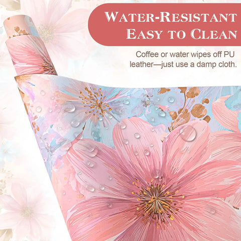 Pastel Pink Blue Floral Watercolor Desk Pad For Keyboard And Mouse Extended 31.5 Inch Wide Desk Mat With Non Slip Base Waterproof PU Leather