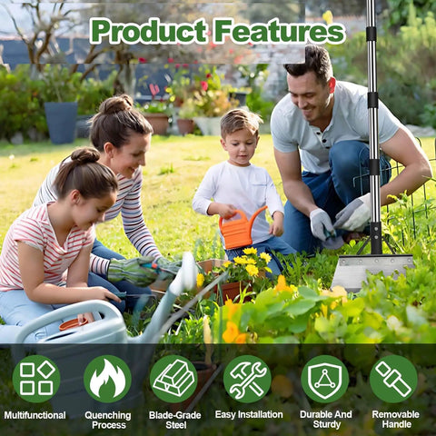Family gardening with Heavy Duty Beefy Garden Cleaning Shovel With 59 Inch Adjustable Handle Carbon Steel Flat Shovel in yard