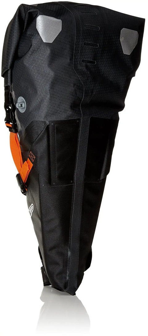 Waterproof Bike Seat Pack Large 8 To 16 Liter Roll Top Saddle Bag with Reflective 3M Strips, side view, fits carbon seat posts.
