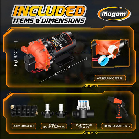 Beefy 12V Wash Down Pump Kit With 7.5 GPM And 80 PSI For Boats RVs And Campers with accessories and dimensions detail