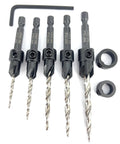 Heavy Duty 5 Piece Countersink Drill Bit Set With Hex Shank Tapered Bits For Wood Projects, HSS M2 steel bits with hex shank.