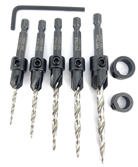Heavy Duty 5 Piece Countersink Drill Bit Set With Hex Shank Tapered Bits For Wood Projects, HSS M2 steel bits with hex shank.