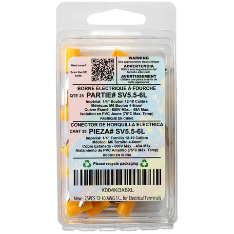 Insulated Fork Spade Crimp Connectors Set 25 Pieces For 12-10 AWG Wires in retail package with product details visible