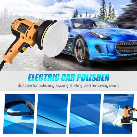 Powerful 700W Buffer Polisher 5 Inch With Variable Speed 600 To 3700 RPM Detachable Handle Includes 6 Sponge Pads 6 Cloth Bonnet Pads 1 Wool Pad And Spanner For Auto Detailing Waxing Polishing And Scratch Removal next to blue sports car.