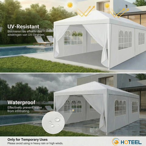10x20 Ft Party Tent Canopy With Six Removable Sidewalls, waterproof outdoor shelter set up by a poolside, showcasing UV-resistant and waterproof features