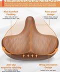Wide Comfort Bike Saddle For Men And Women With Extra Large Winged Padding, ergonomic design, brown waterproof PU leather.