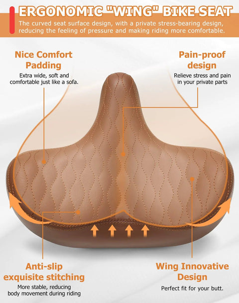 Wide Comfort Bike Saddle For Men And Women With Extra Large Winged Padding, ergonomic design, brown waterproof PU leather.