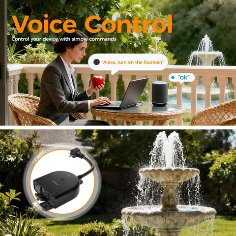 Weatherproof Outdoor Smart Plug With 2.4GHz WiFi Three Individually Controlled Sockets 15A 1875W interfaces with Alexa by a fountain