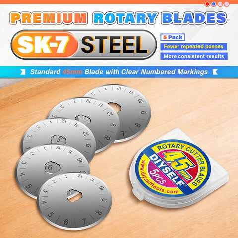 Rotary Cutter For Fabric With 45mm Blades And 5 Extra Replacement Blades, Versatile Craft Cutter packaging and blades displayed.