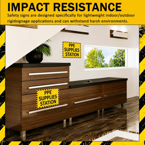 PPE Supplies Station Stickers 10x7 Waterproof PVC Safety Signs on office cabinet in yellow and black caution labels