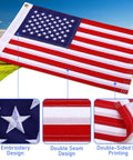 Two Pack 12X18 Golf Cart Flags With American Flag Embroidery showing double seam and elastic strap for setup