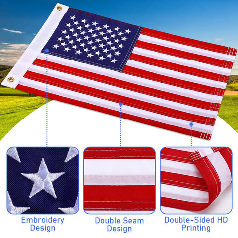 Two Pack 12X18 Golf Cart Flags With American Flag Embroidery showing double seam and elastic strap for setup