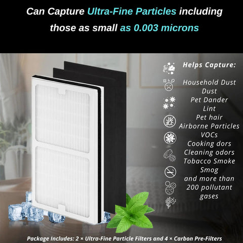 2 Pack Replacement Filter C For IAP-10-200 And IAP-10-280 Air Purifiers Includes 2 Pleated Filter C Units And 4 Activated Carbon Pre Filters displayed with icons showing filtering capabilities.