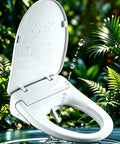 Electric Bidet Seat With Auto Open And Close Lid For Elongated Toilets, white, water droplets on sleek design, nature backdrop.
