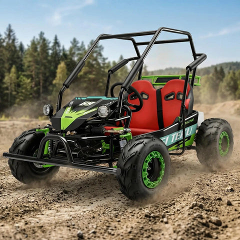 Powerful 125cc Gas Powered Go Kart For Off Road Adventures With Dual Suspension And 8 Inch All Terrain Tires on dirt trail