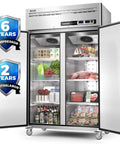 Built Tough Commercial Reach In Refrigerator And Freezer Combo 48 Inch Wide Stainless Steel 36 Cubic Foot Dual Zone Upright Cooler For Restaurants Bars Kitchens Garages with open doors filled with food.