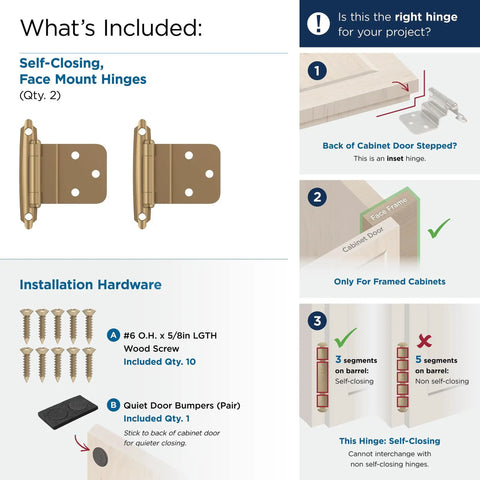 1 Pair Three Eighths Inch Inset Champagne Bronze Self Closing Cabinet Hinge For Face Frame Cabinets Heavy Duty Steel Construction With Decorative Finish Not For Overlay Cabinets, with screws and bumpers