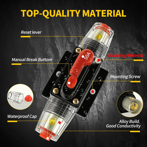 50 Amp Manual Reset DC Circuit Breaker Weatherproof Inline Fuse Holder For 12 To 48 Volt Systems With 3 15 AWG Leads Overload Protection For Car Audio Amp RV Boat Marine Truck Solar Pack Of 2, close-up with waterproof cap and reset lever