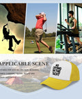Yellow Breathable Trucker Hat For Men, Dope Athletic Cap Built For Sports And Outdoor Adventures displayed with action scenes