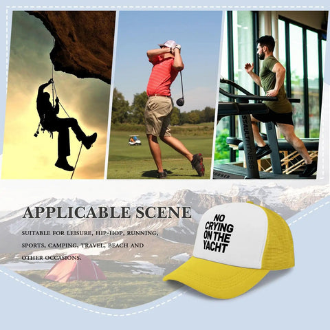 Yellow Breathable Trucker Hat For Men, Dope Athletic Cap Built For Sports And Outdoor Adventures displayed with action scenes