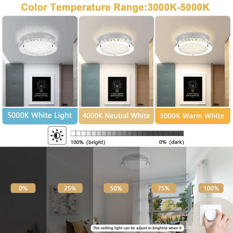 Flush Mount LED Crystal Ceiling Light, 13 Inch Modern Fixture With Edge Crystal Glass, showing 3 color temperature modes.