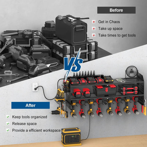 Power Tool Organizer Wall Mount With Built In Charging Station, 8 Outlet Power Strip, 3 USB PD Ports, 8 Drill Holders