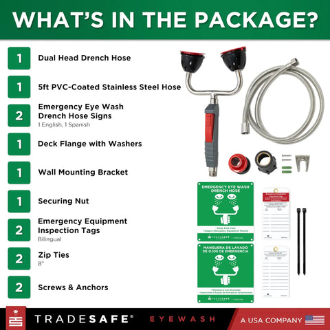 Go To Heavy Duty Eye Wash Station With Dual Head Drench Hose For Emergency Use package contents display.