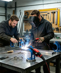 Two welders using Heavy Duty Torch Holder With Super Strong Magnet Base Fits Most Mig Welding Guns And Multi Torch Racks For Garage Shop Workstations.