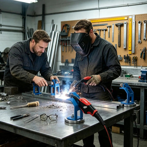 Two welders using Heavy Duty Torch Holder With Super Strong Magnet Base Fits Most Mig Welding Guns And Multi Torch Racks For Garage Shop Workstations.