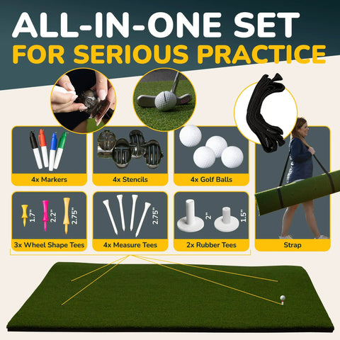5x4 Premium Pro Grade Golf Hitting Mat with 40mm Cushioned Turf, training kit with tees and markers, ideal for indoor practice.
