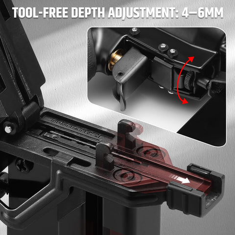Close-up of tool-free depth adjustment on 2 In 1 Pneumatic Brad Nailer And Stapler 18 Gauge Air Nail Gun For Upholstery And Woodworking