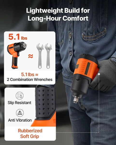 Heavy Duty 1/2 Inch Drive Pneumatic Impact Wrench Delivers Badass 1100 Foot Pounds Reverse Torque And Smooth 7500 Rpm Free Speed With Four Quick Adjustments And A Lightweight Aluminum Frame featuring a rubberized grip for comfort.