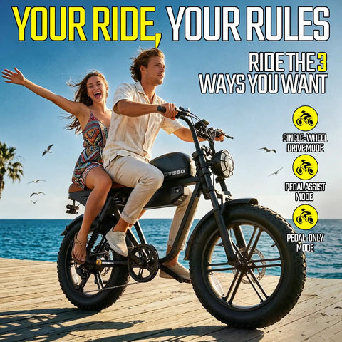 Couple riding Beast Mode 1500W Peak Electric Fat Tire Bike For Adults, All Terrain 20x4.0 on boardwalk