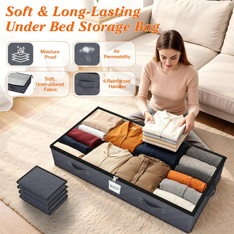 Solid Soft Fabric Under Bed Storage Containers Real Deal 90 Liter Capacity Heavy Duty Bedroom Organizers Big Time Space Saver For Winter Jackets And Blankets Super Roomy Four Pack Gray