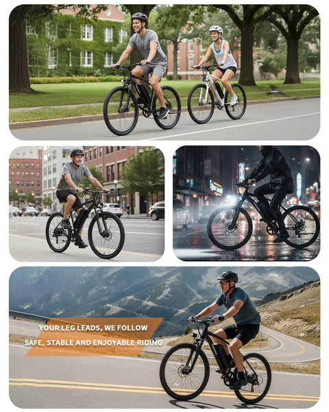 Mountain Electric Bike For Adults With 500W Peak Motor And Cadence Sensor 50 Mile Range 374Wh 36V 10400mAh UL 2849 Certified Battery on city and mountain roads