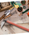 Heavy Duty Stainless Steel Garden Hoe With Ergonomic Wooden Handle Lightweight Planting Tool For Loosening Soil Weeding And Lawn Maintenance on a wooden table with gardening tools.
