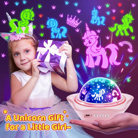 Girl holding gift near Kids Star Projector For Bedroom With Bluetooth Music, 360 Degree Rotating Night Light, unicorn display.