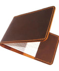 Personalized Leather Golf Yardage Book Holder and Scorecard Cover for Golfers, shown open with visible scorecard inside