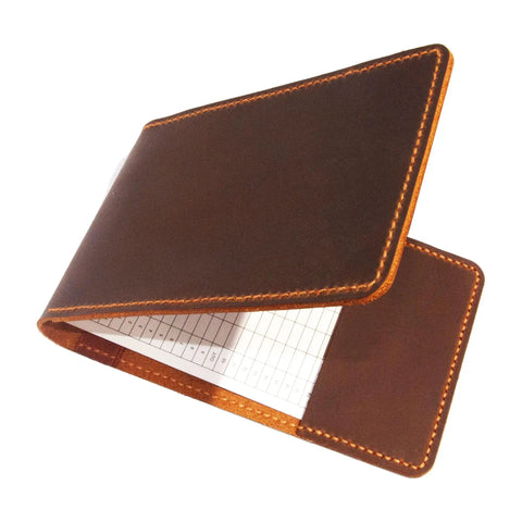 Personalized Leather Golf Yardage Book Holder and Scorecard Cover for Golfers, shown open with visible scorecard inside