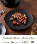 Steak served on Venus 12 Piece Stoneware Plates And Bowls Set With Trim Chip Resistant Dinnerware For Four Matte Black Lead Free Cadmium Free Microwave Safe And Dishwasher Safe Modern Minimalist For Everyday Meals And Formal Dining