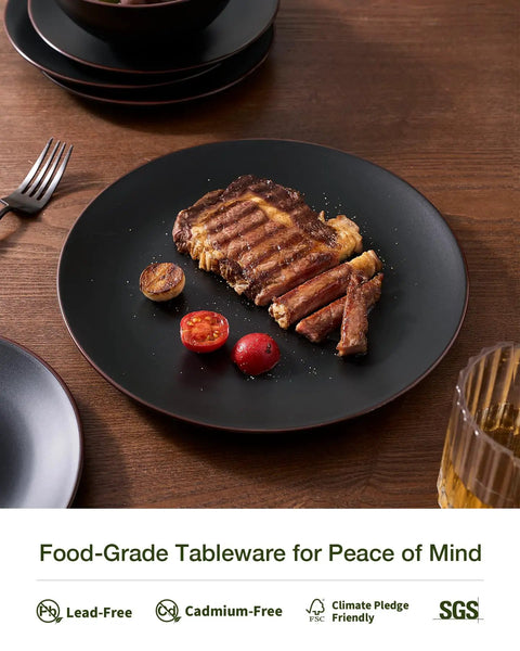 Steak served on Venus 12 Piece Stoneware Plates And Bowls Set With Trim Chip Resistant Dinnerware For Four Matte Black Lead Free Cadmium Free Microwave Safe And Dishwasher Safe Modern Minimalist For Everyday Meals And Formal Dining