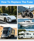 Image showing multiple vehicles including cars, motorcycles, boats, and RVs for fuse replacement tips, focusing on 100 Piece Fuses Assortment Kit Featuring Standard And Mini Blade Auto Fuses Made Of Solid Zinc Alloy To Keep Your Ride Rolling Smooth And Shield Wiring From Overloads Top Shelf Garage Gear That Truly Delivers.