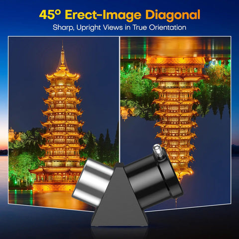 Image showing 45° erect-image diagonal feature of 90mm Refractor Telescope For Beginners And Kids With Tripod And Phone Mount, Portable Travel Stargazing Kit For Family Nights Under The Stars, Perfect For Camping, Learning Astronomy, And Outdoor Adventures, Orange, producing clear upright views of a pagoda at night.
