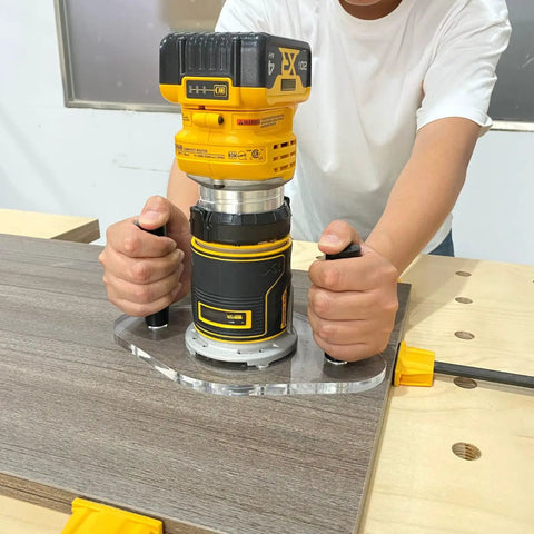 Professional Router Base Plate Compatible With Dwp611 And Dcw600b Routers Six By Ten Inch Clear Acrylic Platform during use.