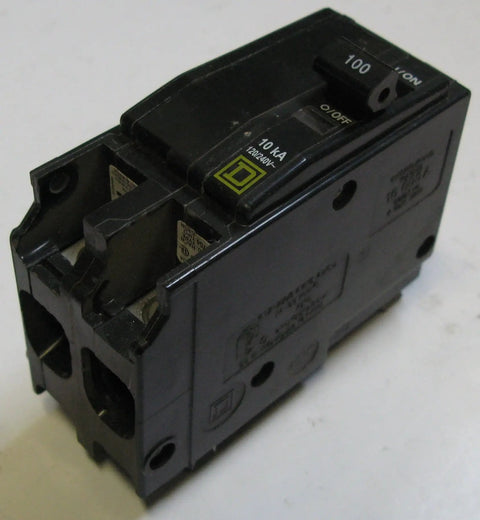 Two Pole 100 Amp Molded Case Circuit Breaker QO2100 For 120 240 Volt Panels Thermal Magnetic Trip UL Listed ANSI Certified Fits QO Load Centers And CSED Devices Common Trip Heavy Duty Power Workhorse, black breaker close-up