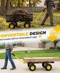 Heavy Duty Steel Garden Cart For Yard And Farm With Removable Sides That Converts To Flatbed 1000 Lb Load Capacity shown with logs