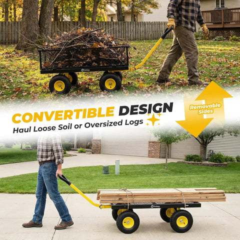 Heavy Duty Steel Garden Cart For Yard And Farm With Removable Sides That Converts To Flatbed 1000 Lb Load Capacity shown with logs